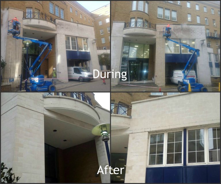 During and after shots of stonehealth doff cleaning taking place at Mocatta House, Brighton