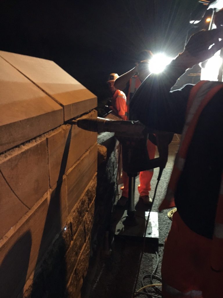 Stonework taking place on a night shift at Cumber Lane