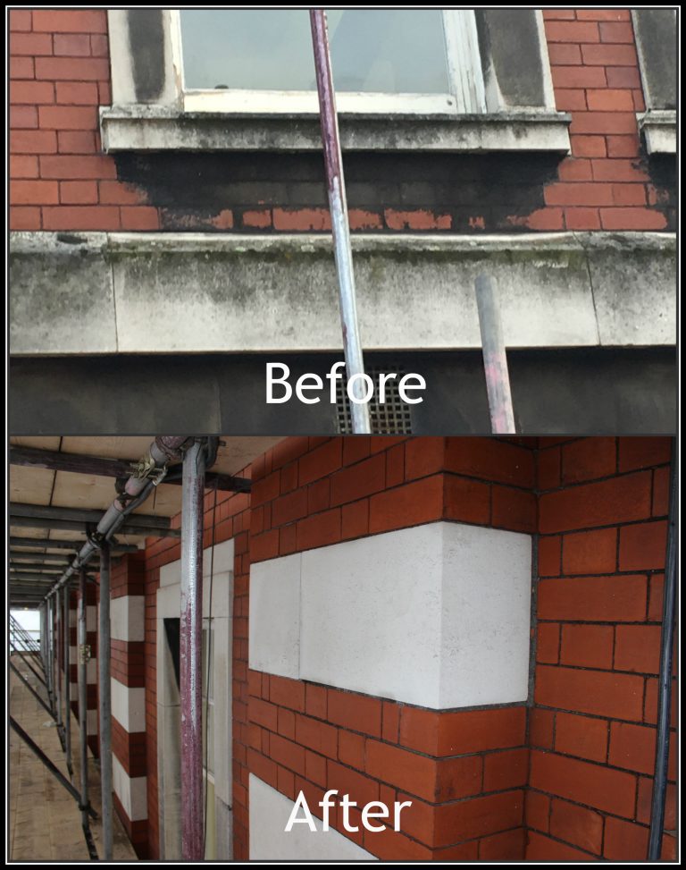 Facade Cleaning works to remove algal and carbonation staining at Cobbett House