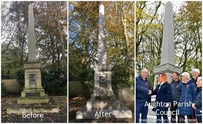 Before and after images of the clean up of Granville Memorial ready for Remembrance Day services